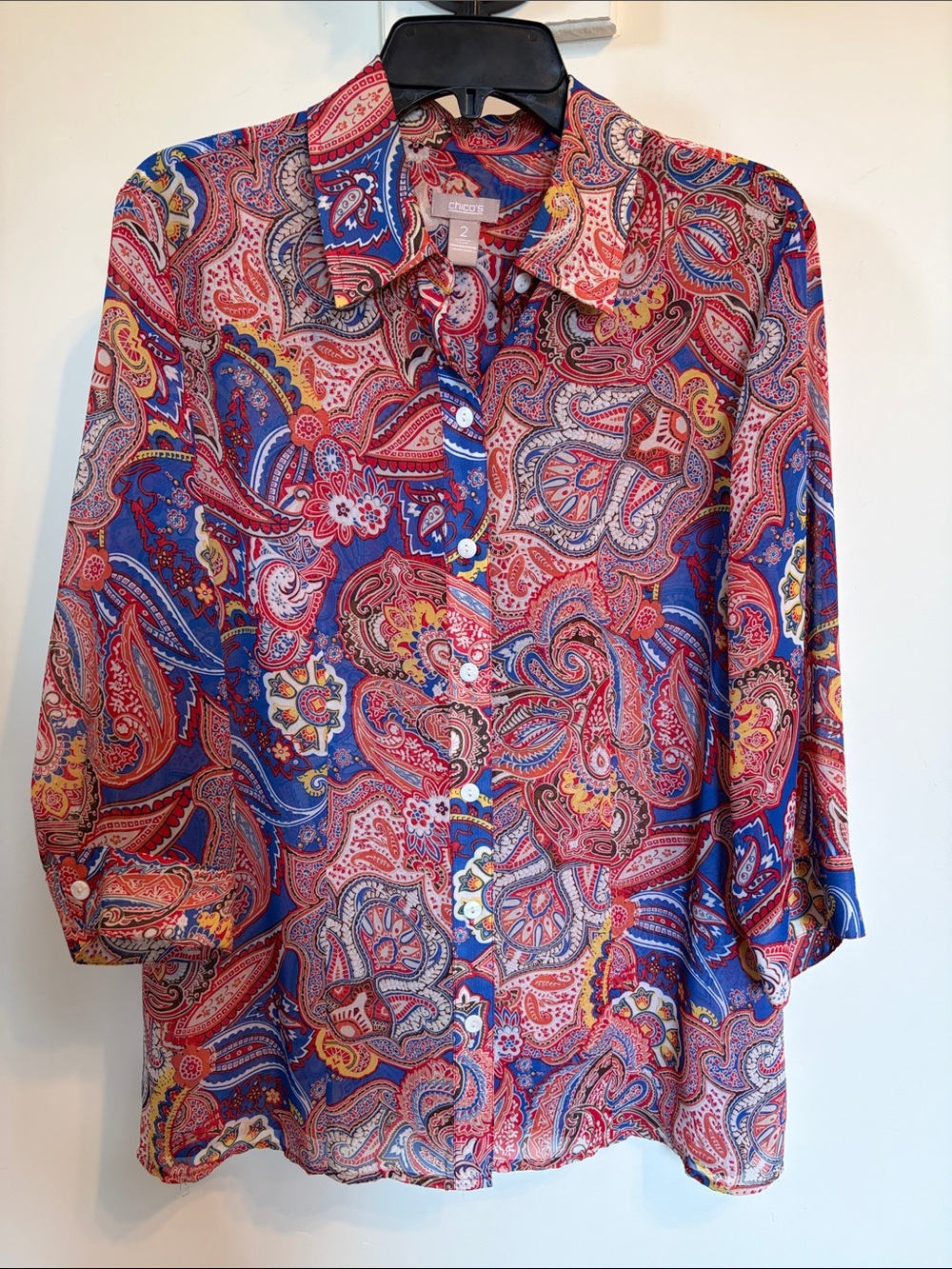 Chico’s Paisley Button Front Blouse Multicolor Tunic 3/4 Sleeve Shirt Size 2 L